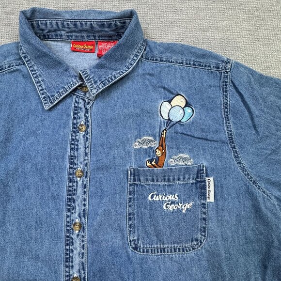 Curious George Womens Embroidered Denim Button-Up Shirt 22W Cotton Short Sleeve - Picture 2 of 14